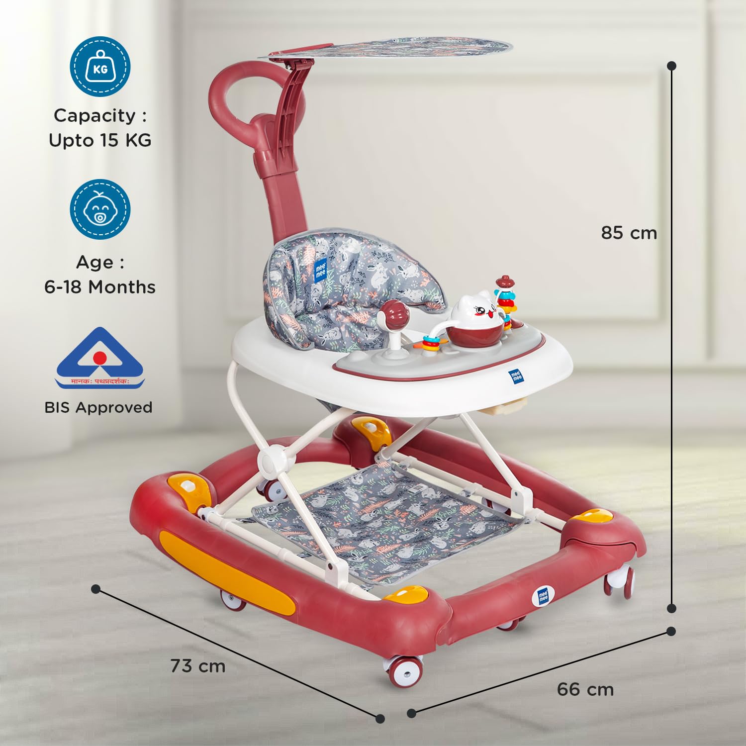 Baby walker with features and dimensions on a light background